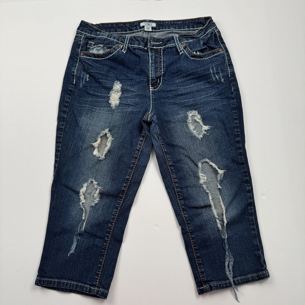 Cato Jeans Womens 10 (30x17) Blue Distressed Capri Crop Raw Hem Ripped Denim